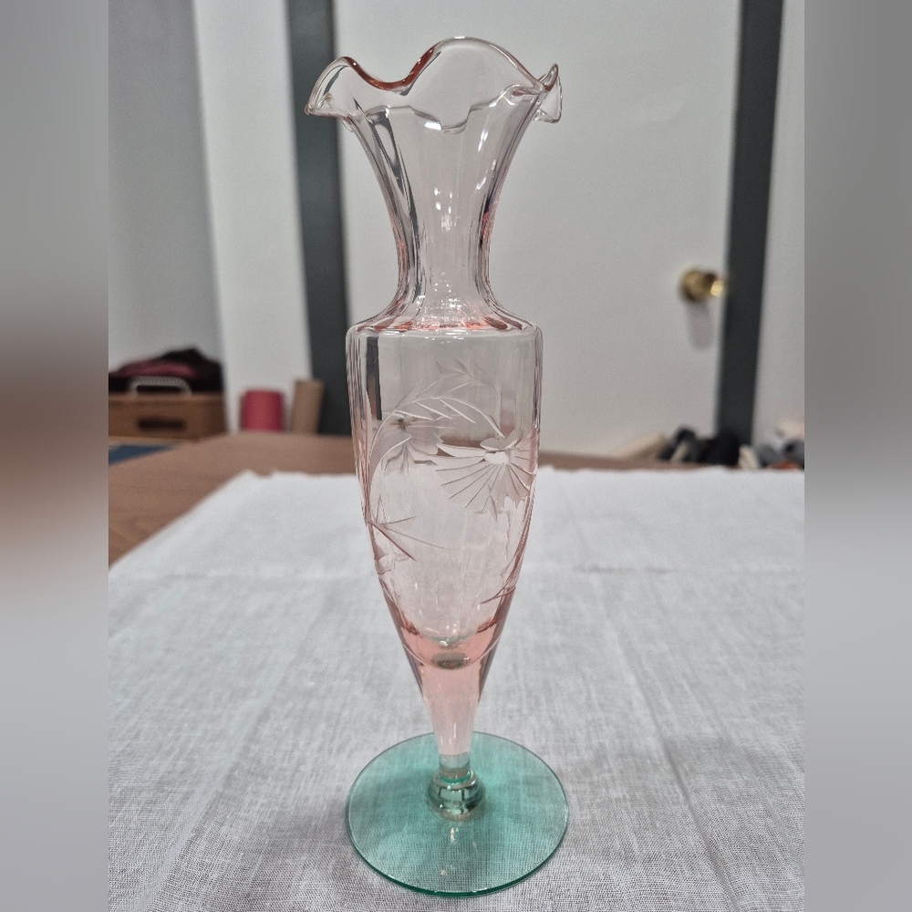 Vintage Pink Etched Glass With Green Base Bud Vase